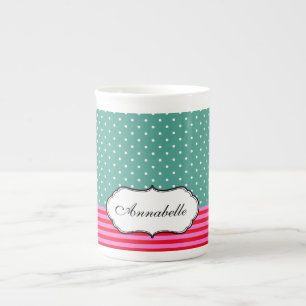 Personalise Classic Polkadots Stripes Teal Pattern Bone China Mug
