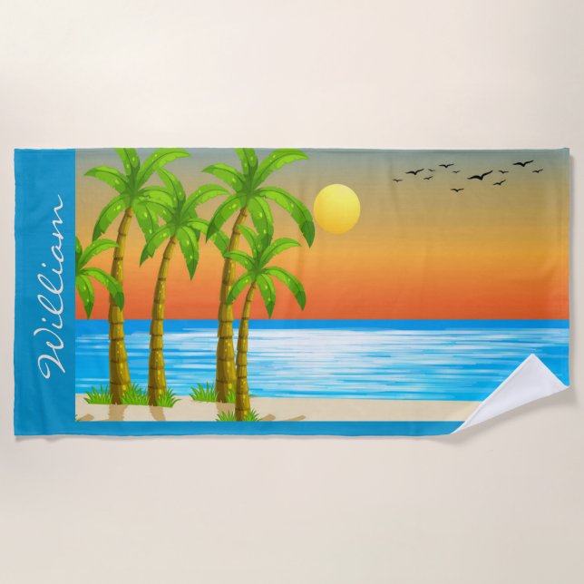 Personalise Coastal Landscape Birds Palm Trees Sun Beach Towel (Front)