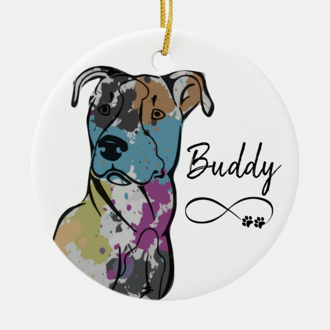 Personalise Colourful Painted Pitbull Dog Ceramic Ornament (Front)