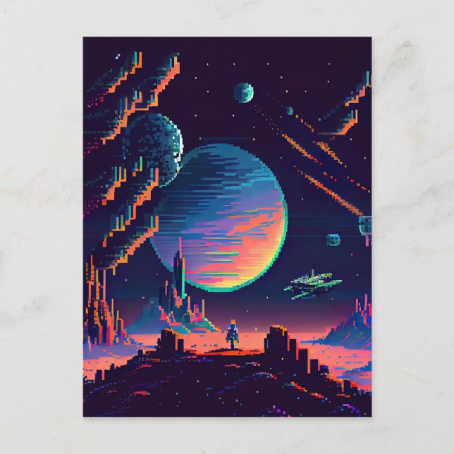 Personalise - Colourful Retro 8Bit Pixel Space Shi Postcard (Front)