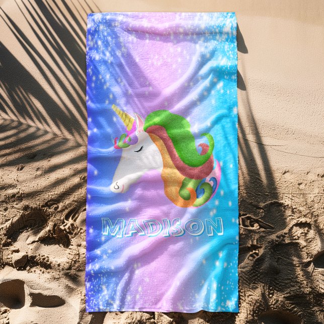Personalise Colourful Unicorn Glitter  Beach Towel (Creator Uploaded)
