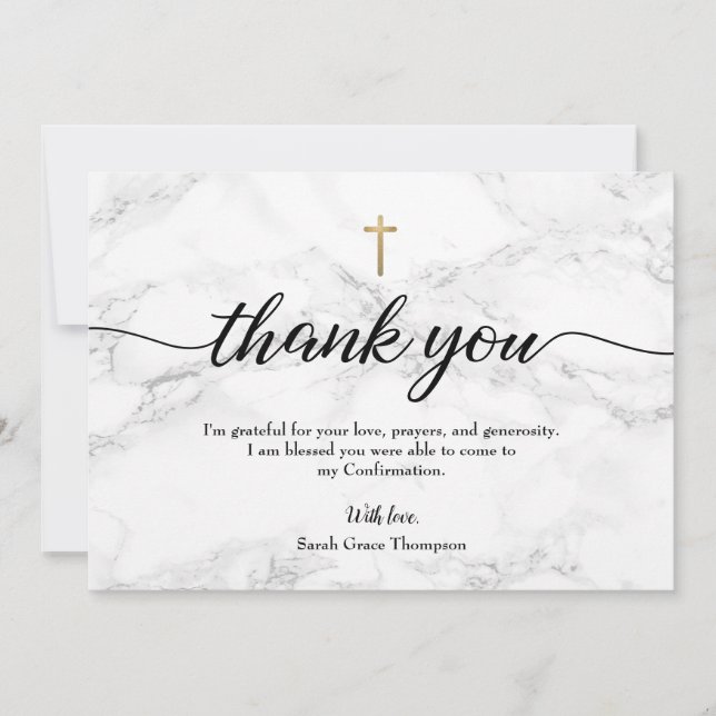 Personalise Confirmation Grey Marble Gold cross Thank You Card (Front)