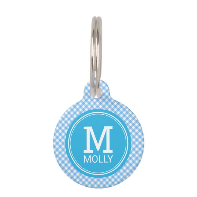 Personalise Country Baby Blue Gingham Monogram Pet Tag (Front)