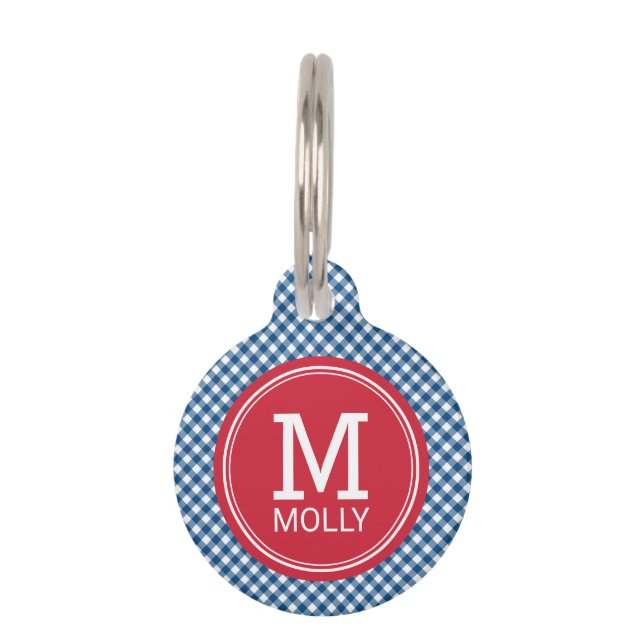 Personalise Country Blue Gingham Monogram Pet Tag (Front)