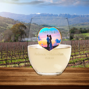 Personalise Couples Heart Photo Template Name date Stemless Wine Glass