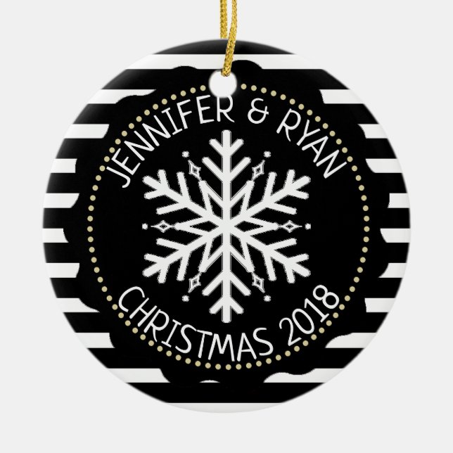 Personalise Couple's Photo Black  White Snowflake Ceramic Ornament (Front)