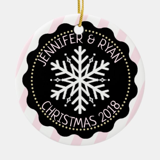 Personalise Couple's Photo Black White Snowflake Ceramic Ornament (Front)