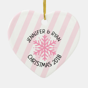 Personalise Couple's Photo Pink White Snowflake Ceramic Ornament