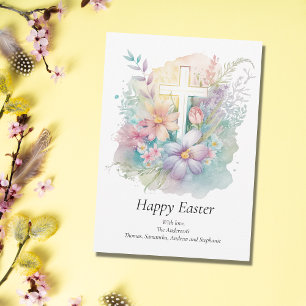 Personalise Cross Floral Pastel Religious Easter Holiday Card