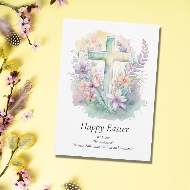 Personalise Cross Floral Pastel Religious Easter  Holiday Card (Creator Uploaded)