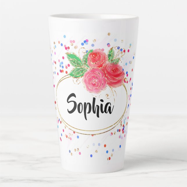 Personalise cup, glitter cheerful girl custom name latte mug (Front)