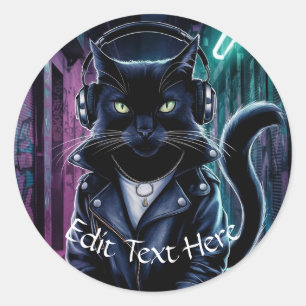 Personalise Custom Black Cool Cat Headphones DJ Classic Round Sticker