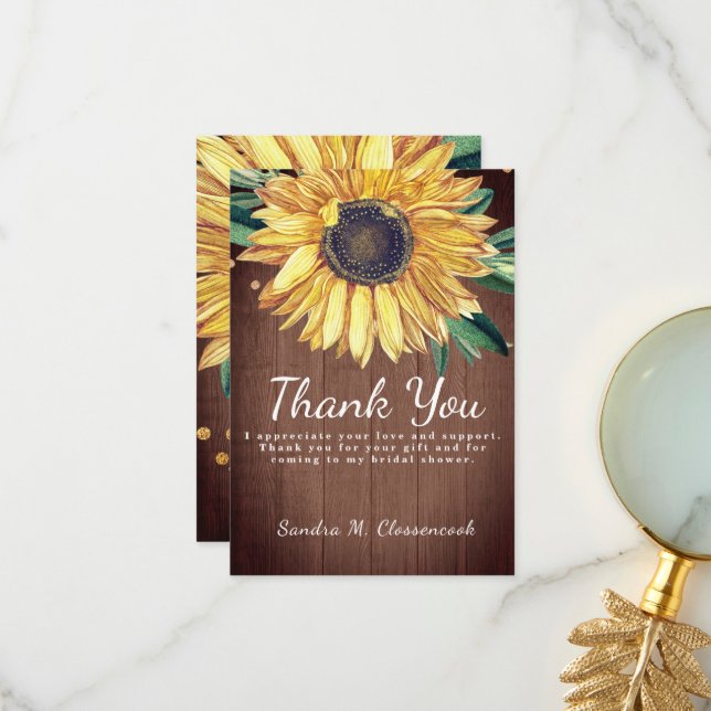 Personalise Custom Rustic Chic Sunflower Barn Wood Thank You Card (Front/Back In Situ)