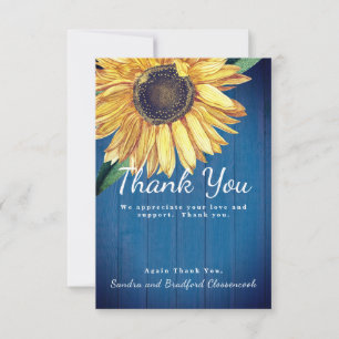 Personalise Custom Rustic Sunflower Barn Wood Navy Thank You Card