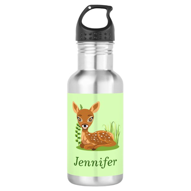 Personalise Cute Baby Deer Green Back to School 532 Ml Water Bottle (Front)