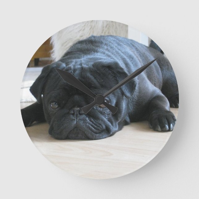 Personalise cute black Pug Puppy accessories name Round Clock (Front)