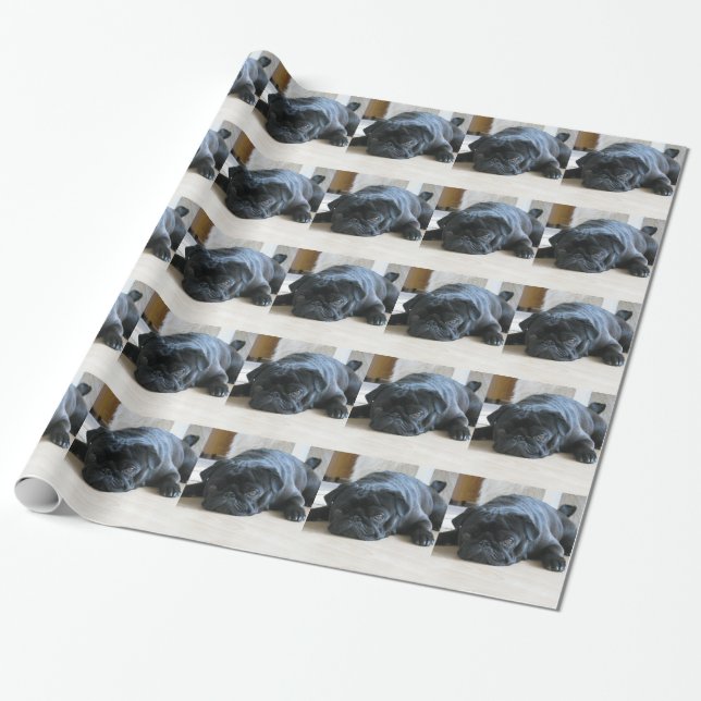 Personalise cute black Pug Puppy accessories name Wrapping Paper (Unrolled)
