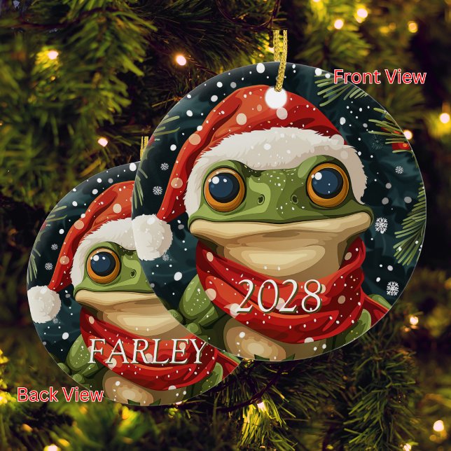Personalise Cute Christmas Frog in Santa Hat Ceramic Ornament (Creator Uploaded)