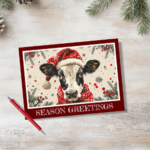 Personalise Cute Cow in Santa Hat Holiday Card
