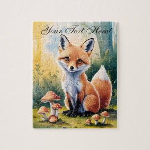 Personalise Cute Fox in Mushroom Forest Jigsaw Puzzle