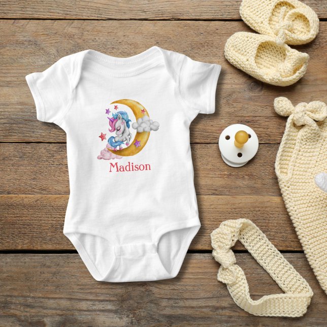Personalise Cute Girly Unicorn Moon Clouds Pink  Baby Bodysuit (Personalized Monogrammed Unicorn Moon Clouds Baby girl baby body suit. Baby Shower gift, new baby )