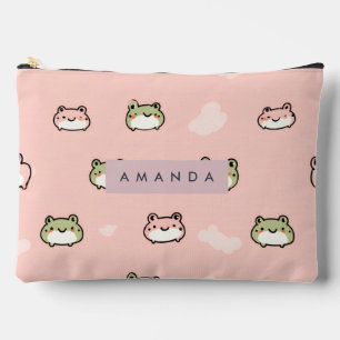 Personalise Cute Kawaii Pastel Frog Design on Pink Accessory Pouch
