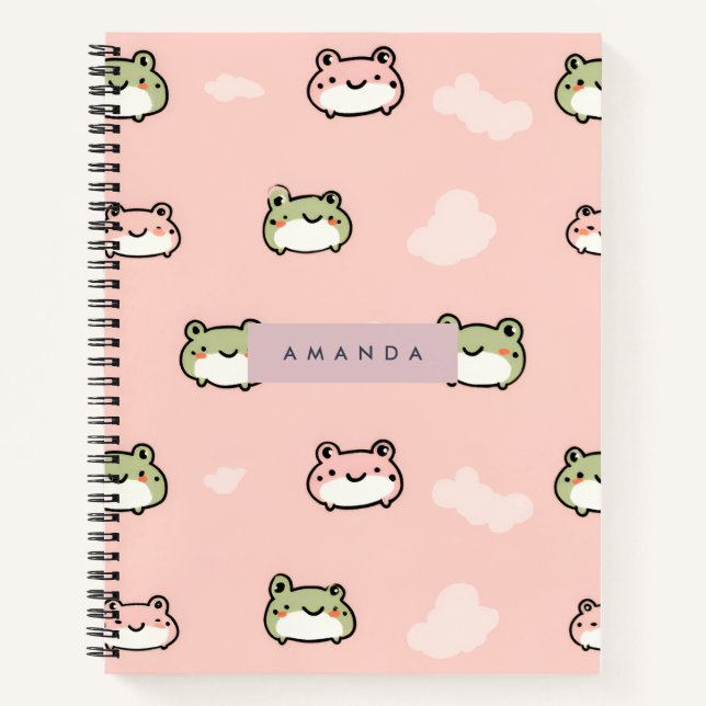 Personalise Cute Kawaii Pastel Frog Design on Pink Notebook (Front)