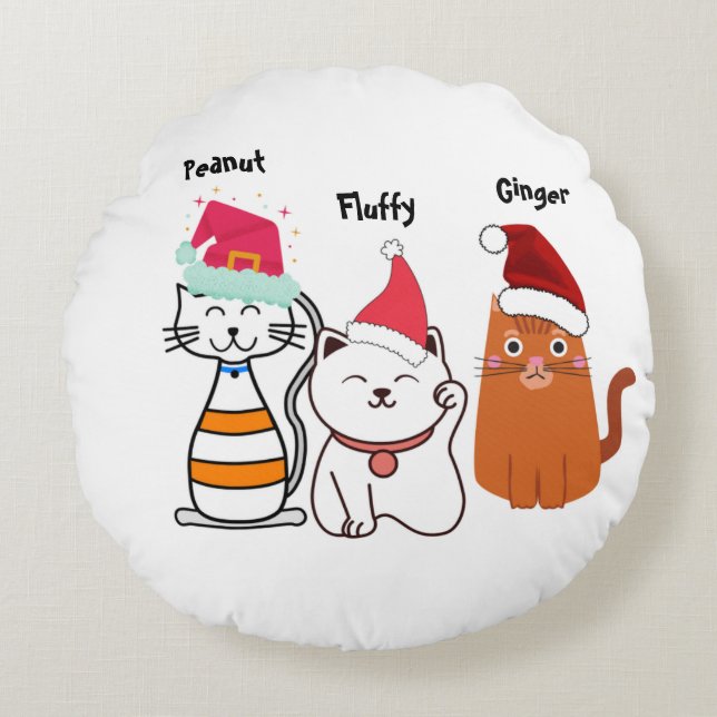 Personalise Cute Kitty Cat Family Christmas  Round Cushion (Front)