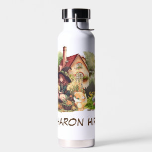 Personalise Cute Little Witch And Fox Water Bottle