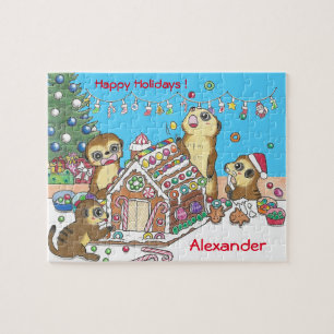 Personalise Cute Meerkats jigsaw puzzle blue