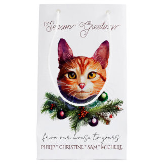 Personalise Cute Orange Cat Christmas Small Gift Bag