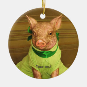 Personalise Cute Patti the Pig portrait in green Ceramic Ornament
