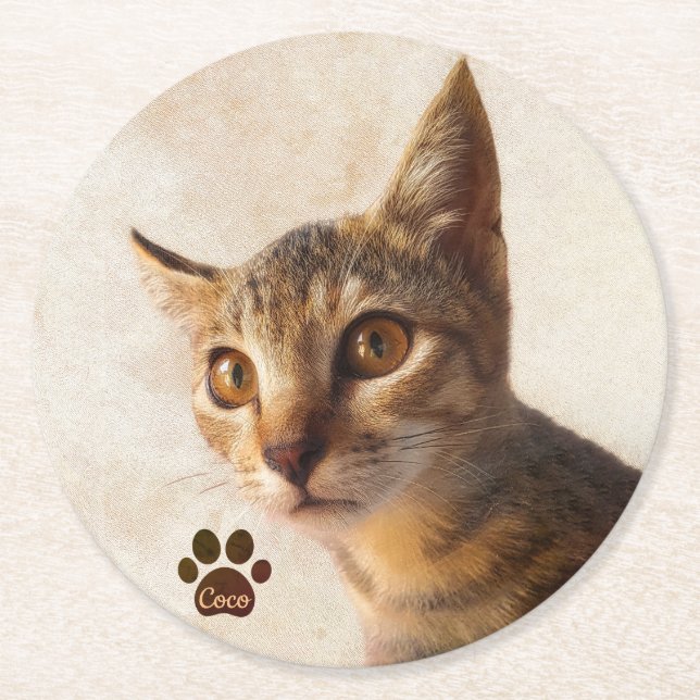 Personalise Cute Pet Kitten Cat Dog Photo Template Round Paper Coaster (Front)
