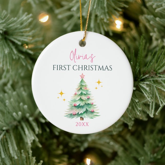 Personalise Cute Pink Baby Girl 1st Christmas Tree Ceramic Ornament (Tree)