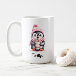 Personalise Cute Pink Penguin Christmas  Coffee Mug