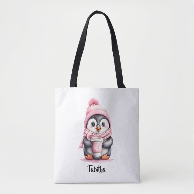 Personalise Cute Pink Penguin Christmas  Tote Bag (Front)