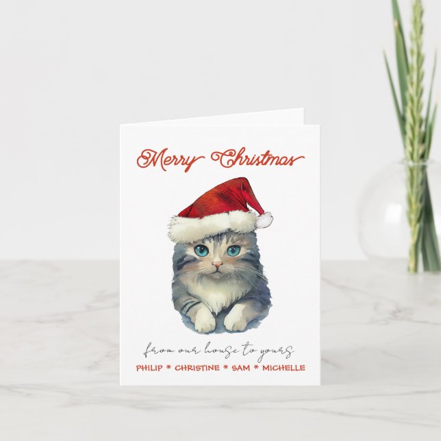 Personalise Cute Santa Cat Note Card (Front)