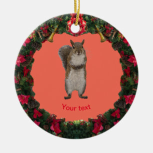 Personalise cute Squirrel in Christmas wreath Ceramic Ornament