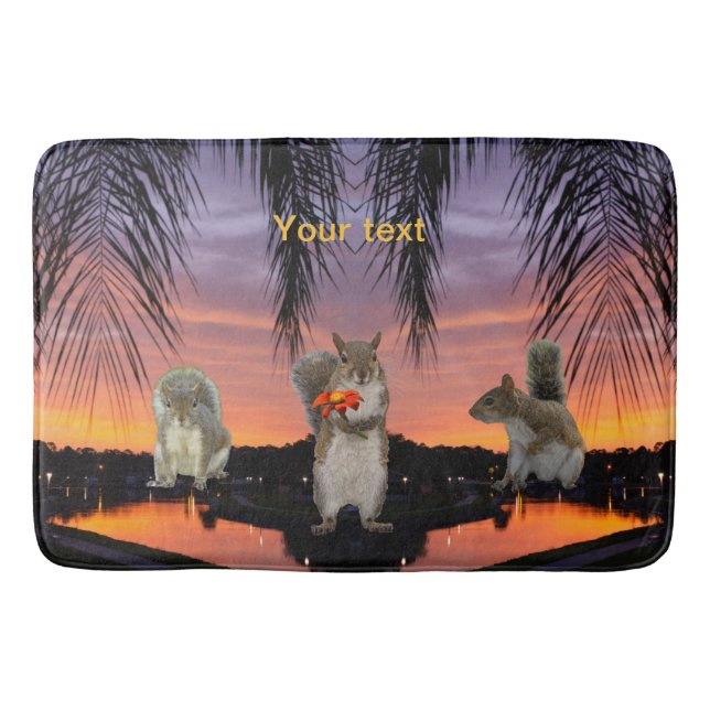Personalise Cute Squirrels at Tropical sunset  Bath Mat (Front)