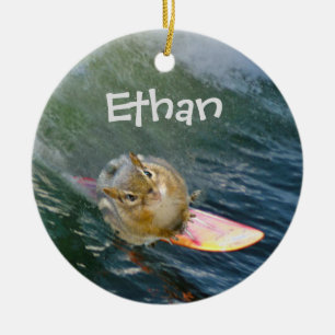 Personalise Cute Surfing Chipmunk Ceramic Ornament