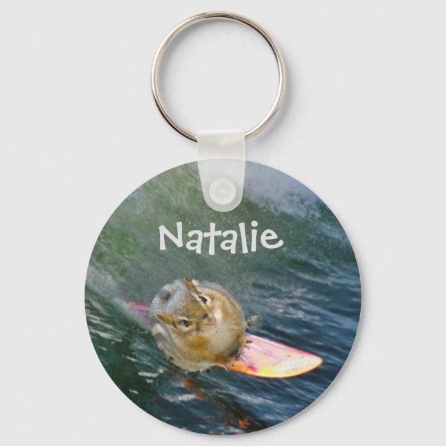 Personalise Cute Surfing Chipmunk Key Ring (Front)