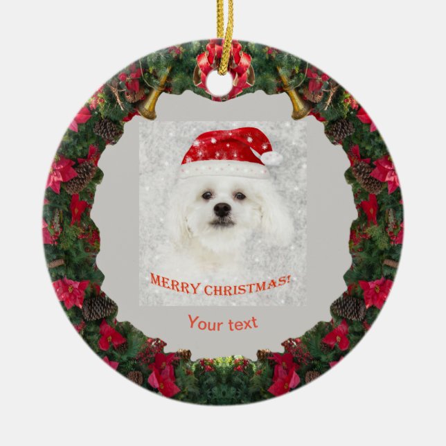 Personalise cute white dog Maltese puppy Ceramic Ornament (Front)