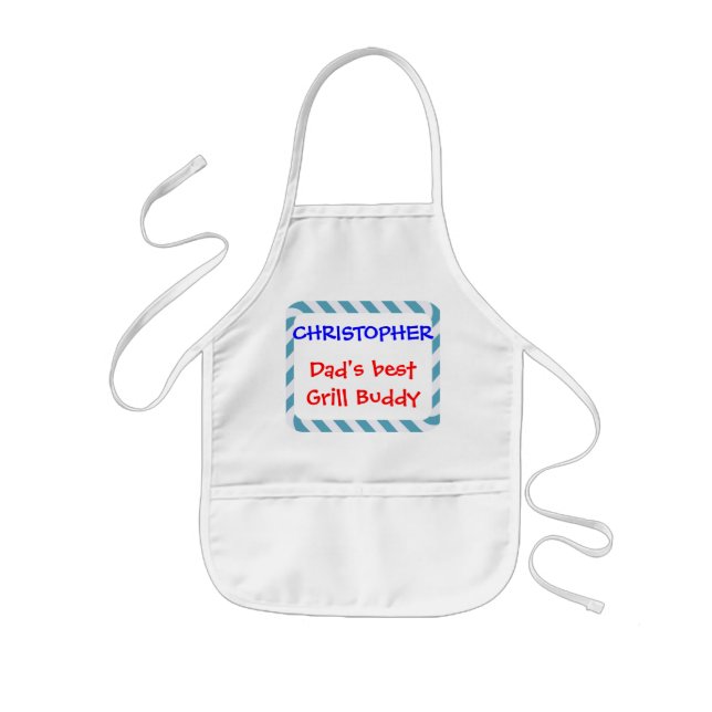 Personalise, Dad's Grill Buddy! Blue Stripes Kids Apron (Front)