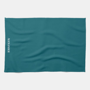 Personalise Dark Teal Blue Plain Solid White  Tea Towel