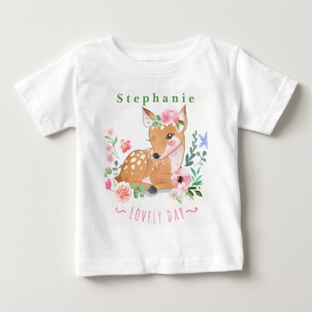 Personalise Deers Lovely Day Outside Among Flowers Baby T-Shirt (Front)