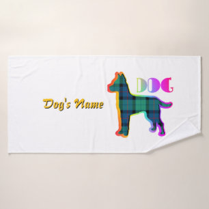 Personalise DOG Logo Rainbow Plaid White Doggie Bath Towel