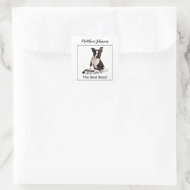 Personalise Dog Newspaper Boss’s Day, Humour Square Sticker (Bag)