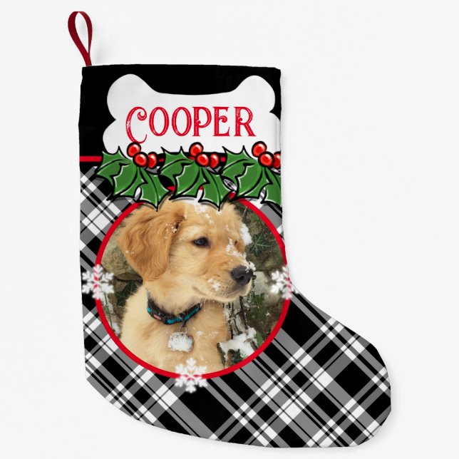 Personalise dog pet black white plaid  small christmas stocking (Front)