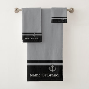 Personalise Double Band Black Grey Anchor Bath Towel Set