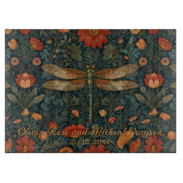 Personalise dragonfly orange floral boho chic cutting board (Front)